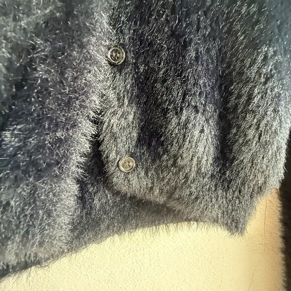 Fuzzy Cropped Cardigan Button Front Soft Knit Black V Neck Cozy Layering Sweater - Picture 3 of 6